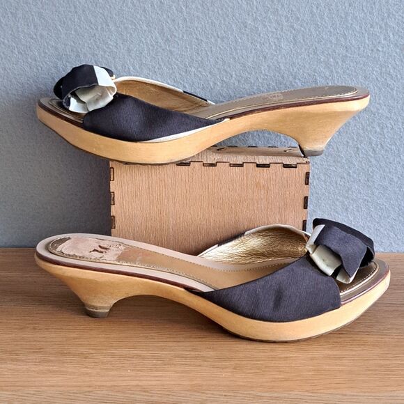 Kate Spade Vintage Women’s 8 Black Bow Kitten Heel Open Toe Sandals Clogs Wood - Picture 7 of 11